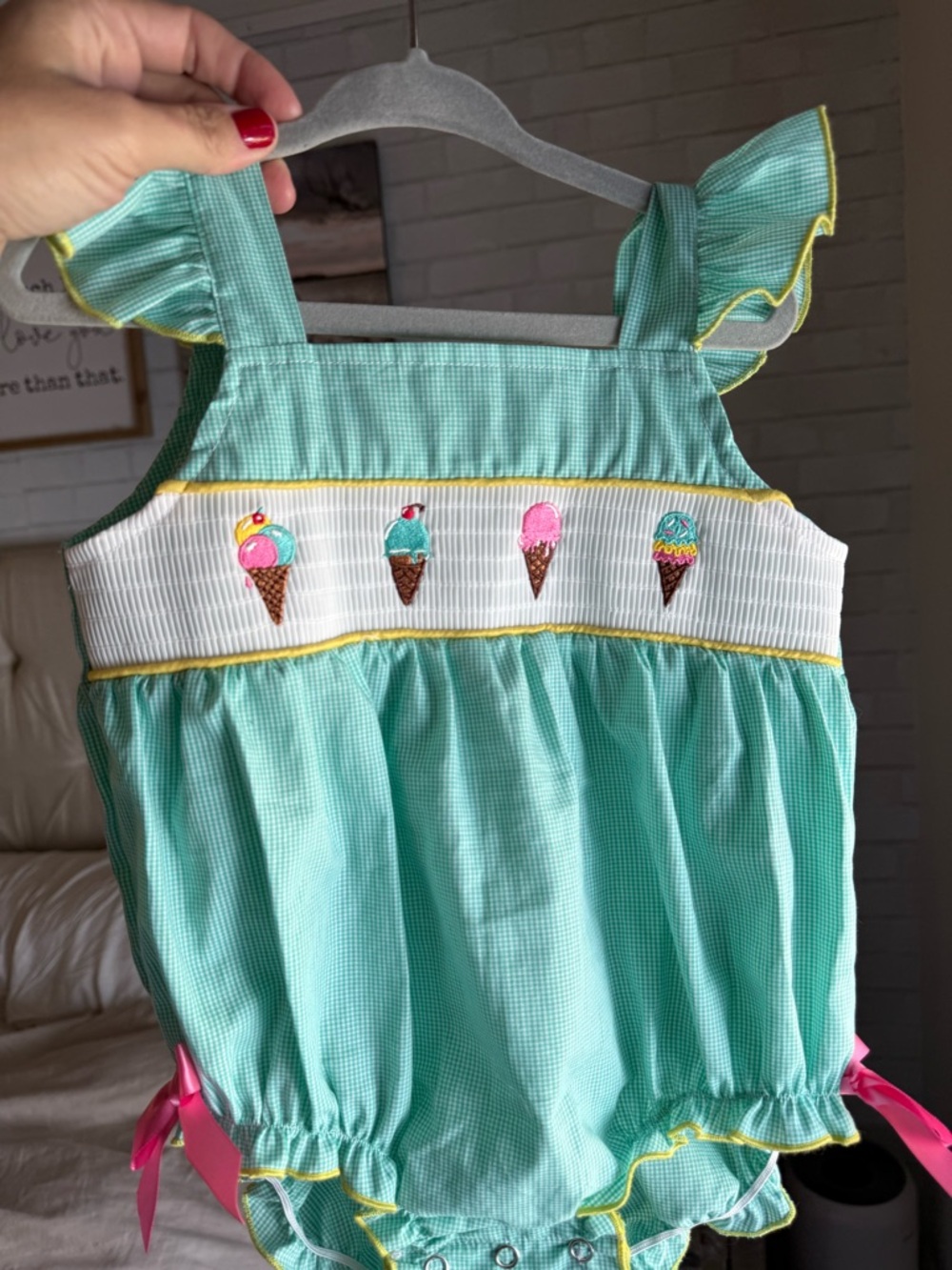NWOT Rylee faith Mint Green Gingham smocked embroidered Button-Up Baby Romper